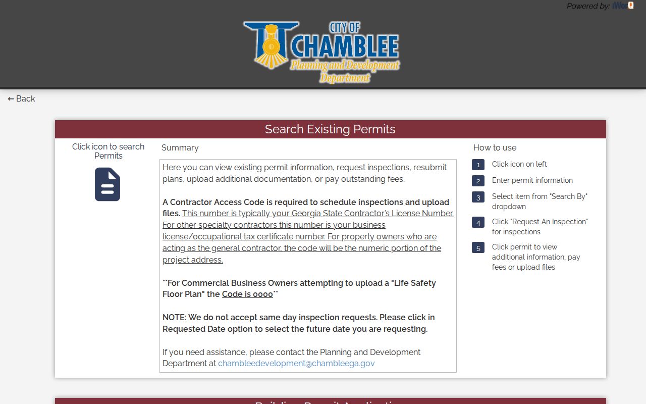 Chamblee street directory permit search in iWorQ